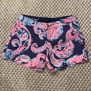Lilly Pulitzer 5" Buttercup Shorts Sz 0 Navy Pink Paisley Scallop Hem Zip Fly